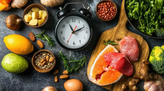 A picture of various fruit and meat on a table, as well as a clock to depict the time restriction that comes with fasting.