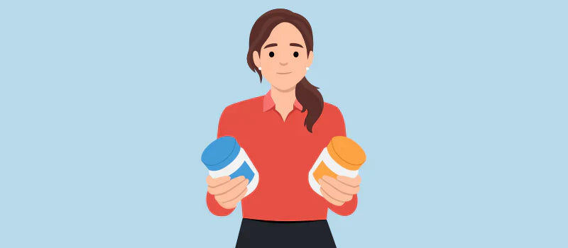 An animated picture of a woman holding two different supplement tubs. 