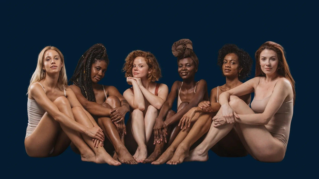 The image shows women of all races and sizes sitting down